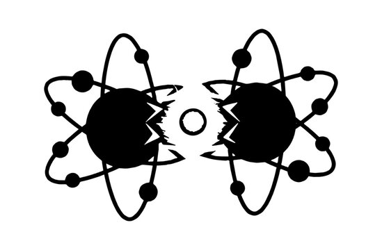 Black and white icon of two colliding atoms with orbiting electrons showing a nuclear reaction or split energy concept for science and physics study isolated on transparent background, Vector