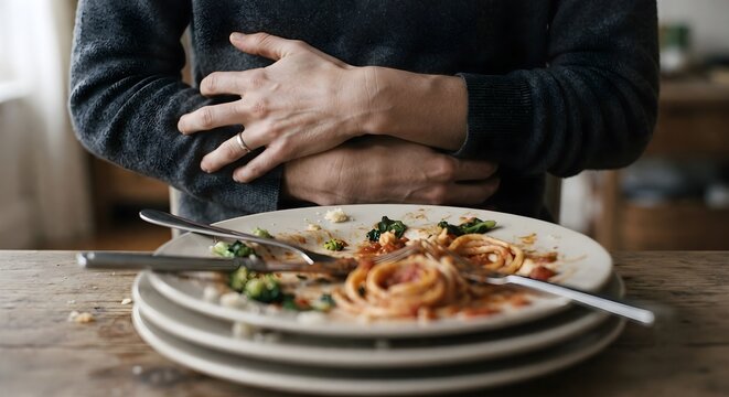 Indigestion and stomach pain after eating a person experiencing discomfort