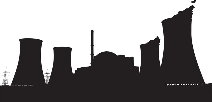 Black silhouette of a nuclear power plant with cooling towers and reactor building isolated on transparent background, Vector