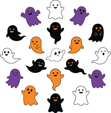 Set of cute little colorful ghosts for Halloween party decorations and festive holiday designs isolated on transparent background, Vector