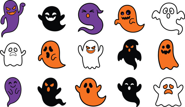 Set of cute colorful ghost characters for Halloween party celebration and holiday decoration isolated on transparent background, Vector