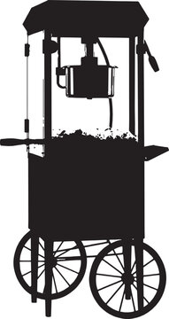 Black silhouette of a vintage popcorn cart machine on wheels for movie theater snack food isolated on transparent background, Vector