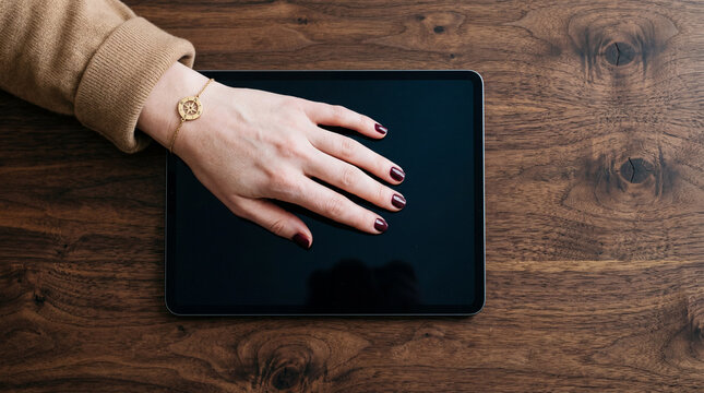 Woman's hand with red nails resting on tablet screen on wooden table for digital work and remote productivity