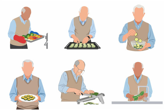 Vector illustration set of an elderly man preparing and cooking healthy vegetables like zucchini and broccoli for meal prep