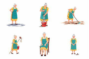 Fototapeta premium Senior woman cleaning floor and doing household chores character set