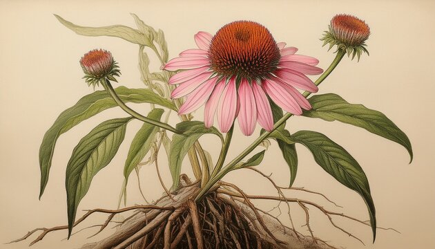 Pink Coneflower Botanical Illustration With Roots Copy Space