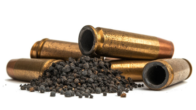 Gun bullets and gunpowder on white background