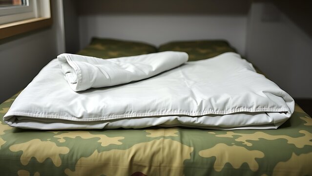 A perfectly folded blanket with sharp corners on a minimalist military bed.