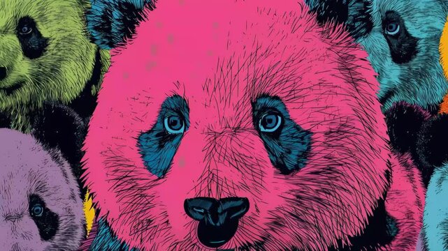 Colorful pandas in a repeated pattern with various bright colors and black features create a striking visual design with playful expressions showing their personalities