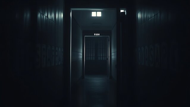 Open prison cell door with light streaming into the dark interior.