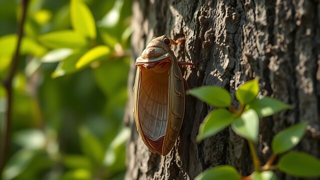 Empty cicada shell on tree bark with green leaves, symbolic transformation in soft morning light.