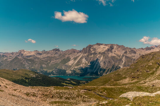 Breathtaking Mountain Landscape with Lake Sils and Glaciers in Engadin Valley, Switzerland
