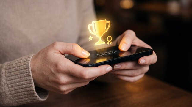 Woman holding smartphone with glowing trophy icon above screen achievement unlocked concept