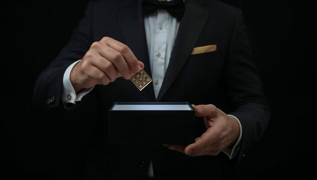 Person Places a Small Item Into a Black Box While Wearing Formal Clothing at an Event