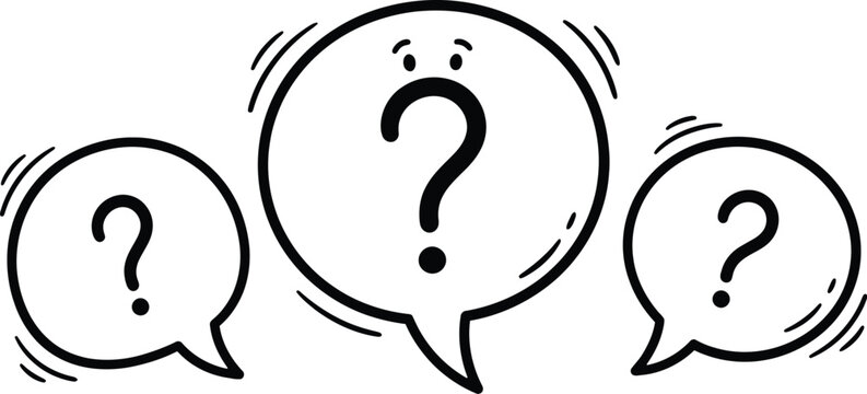 Simple black and white vector illustration of three speech bubbles containing funny cartoon question marks