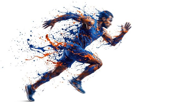 Man running with dynamic paint splashes, athletic motion