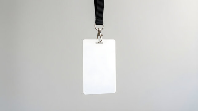 A blank plastic identification badge hanging from a black lanyard isolated on white background. Useful for corporate staff or event security mockup.