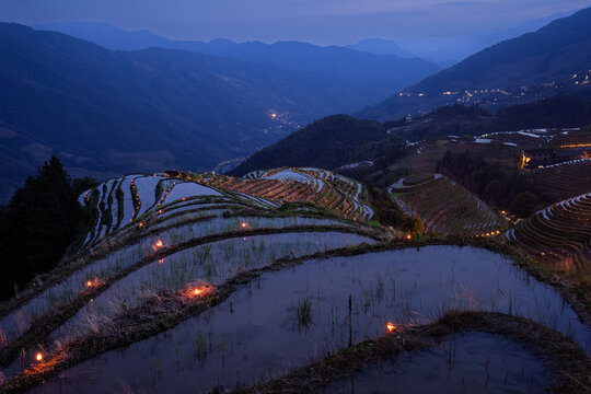 Longji rice terraces illuminated at twilight