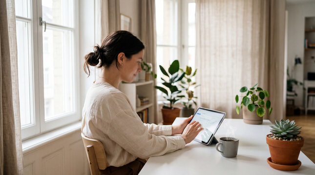 Woman using tablet at home desk with plants and coffee natural light remote work setup