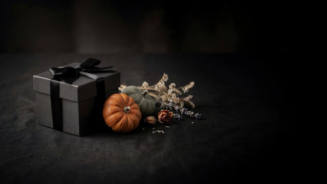 Spooky halloween gift dark present with pumpkins and dried flowers