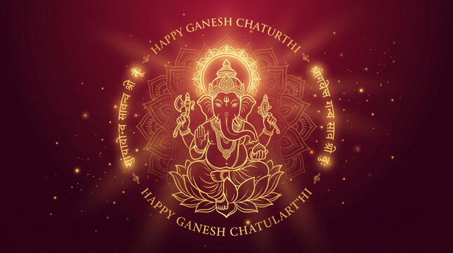 Golden Line Art Lord Ganesha Seated on Lotus with Glowing Halo for Ganesh Chaturthi Greeting Banner