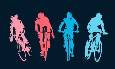 Obraz premium Cyclists set with two road cyclists and two mountain bike riders in action. Colorful red and blue vector illustration of cycling athletes isolated on a dark background.