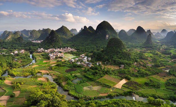 Karst peaks and farming villages along the Li River, China