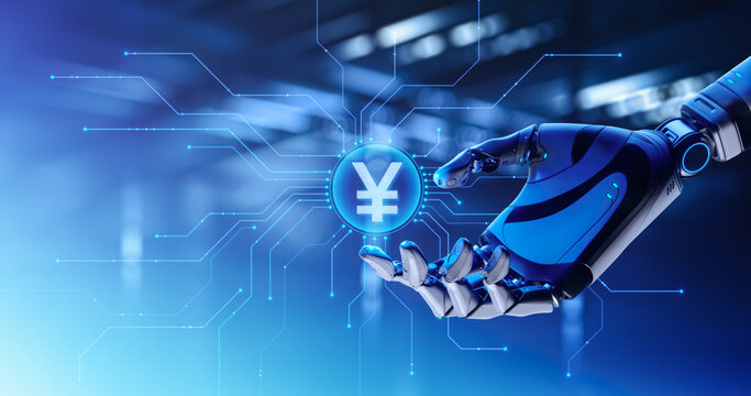 Fintech Concept with Robotic Hand Holding Yen Currency Symbol