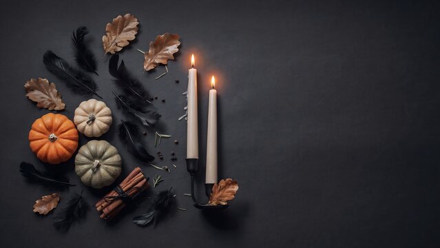 Spooky halloween still life pumpkins candles and autumn leaves on dark background