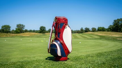 Golf bag standing on green grass of course. Professional equipment for sport game. Luxury leather accessory for golf player at outdoor summer field. Concept of active lifestyle.