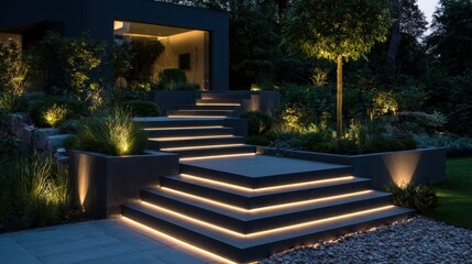 Obraz premium Modern exterior staircase at night with warm LED step lighting. Perfect for luxury home architecture or landscaping design concepts.