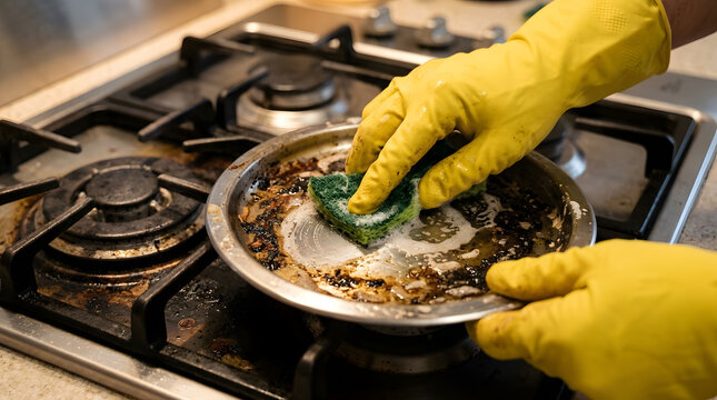 how to clean gas stove burners | removing burnt grease from stove top | deep cleaning kitchen appliances with gloves | effective grease removal from metal trays