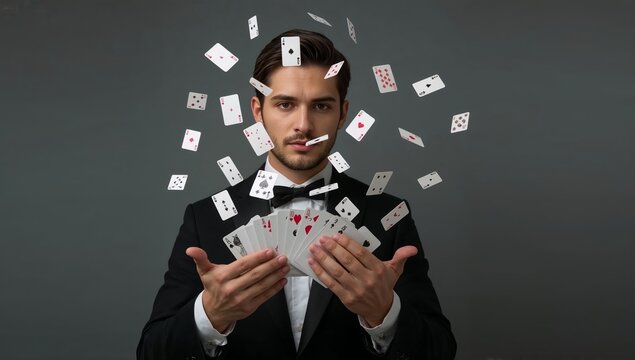 Magician Performs Card Tricks With Playing Cards Flying Around in a Studio Setting