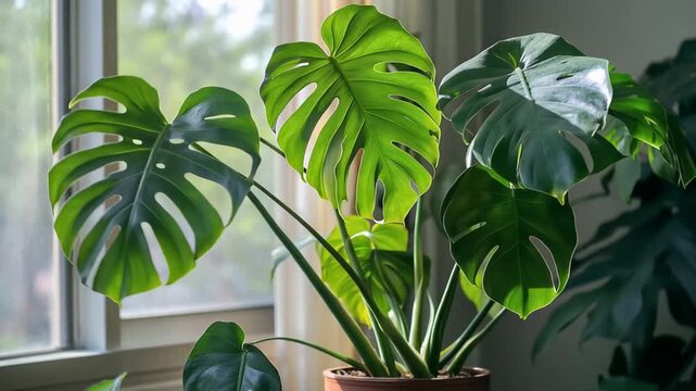 Monstera plant with large green leaves placed near a window on a sunny day in a cozy indoor space