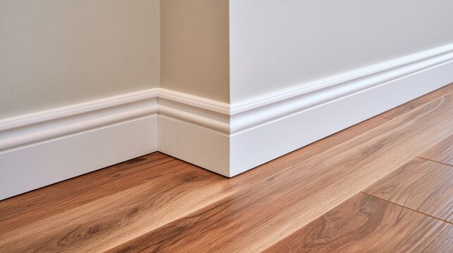 White wooden baseboard installed against a beige wall and hardwood flooring. This interior detail highlights modern home renovation and clean construction aesthetics.