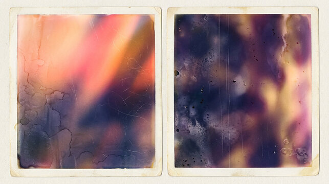Two side by side abstract light leak frames with vintage film texture abstract photography colorful gradient composition vignette artistic background creative atmosphere chromatic negative