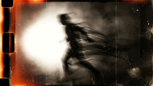 Motion blur silhouette of a running person against bright light on film stock with silhouette exposure movement photography aesthetic atmospheric abstract conceptual experimental artistic