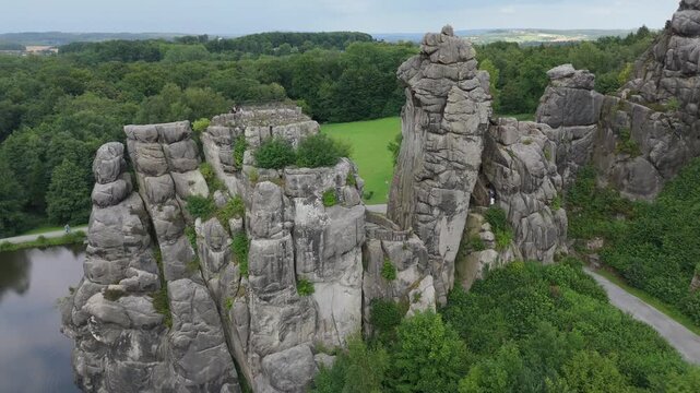 Externsteine Rock Towers Aerial View Under Overcast Sky