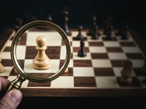 Hand holding magnifying glass over chess pawn on chessboard for Chess Day  