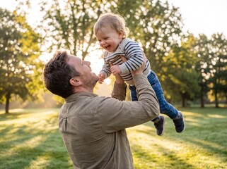 Fototapeta premium Father Playing with Toddler Son in Sunny Park