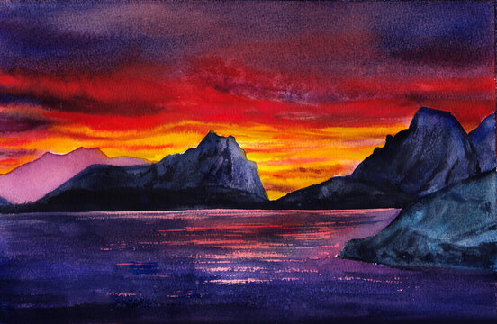 Watercolor painting of a dramatic sunset over majestic mountain peaks and a calm lake