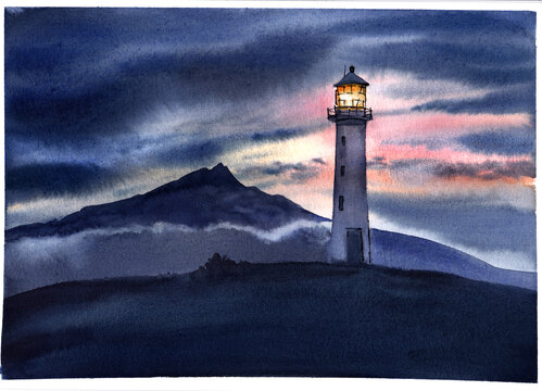 Watercolor painting of a lonely lighthouse on a rocky coast during a dramatic sunset