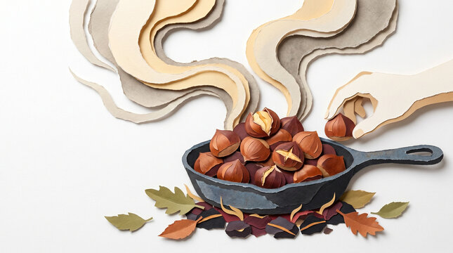 Roasted chestnuts in pan with smoke and autumn leaves surrounding  