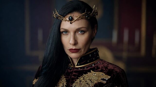 A woman in royal attire with ornate crown in cinematic style on dark background, concept of power and mystery