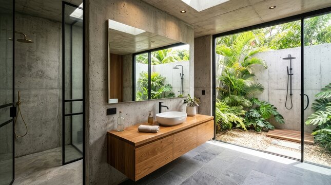 Modern concrete bathroom with wood vanity and garden view