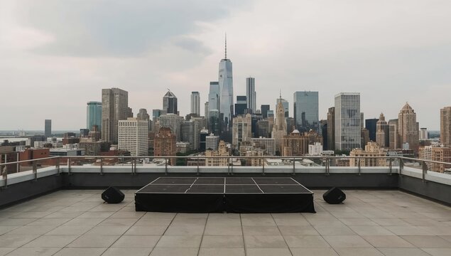 Rooftop Stage With City Skyline View During Cloudy Weather in New York