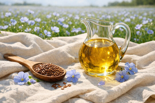 Linseed Oil in Glass Jug with Flax Seeds in Wooden Spoon Close Up Healthy Organic Flaxseed Oil on Linen Cloth in Blooming Flax Field