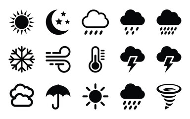 Obraz premium Weather forecast icon set, black meteorological symbols featuring sun, moon, cloud, rain, snow, wind, thunderstorm and tornado for climate prediction.