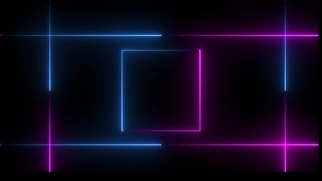 Neon Lights motion pink and blue color loops square motion draws on black background linear lamp Beautiful abstract square light line moving fast Colors.