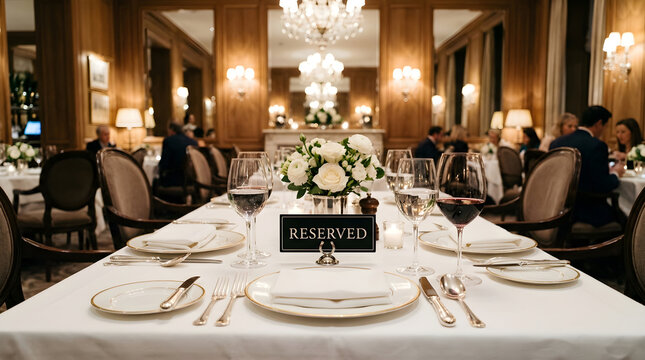 A reserved table set for fine dining in a luxurious, dimly lit restaurant with elegant white decor. Perfect for exclusive event booking and.